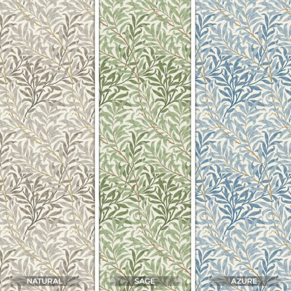 Three vertical panels display botanical wallpaper patterns. From left to right: "Natural" has a gray and beige leaf design, "Sage" features green and beige leaves, and "Azure" shows blue and white leafy patterns. Each panel has a white border reminiscent of William Morris | Snakeshead | Tapestry Fabric design.