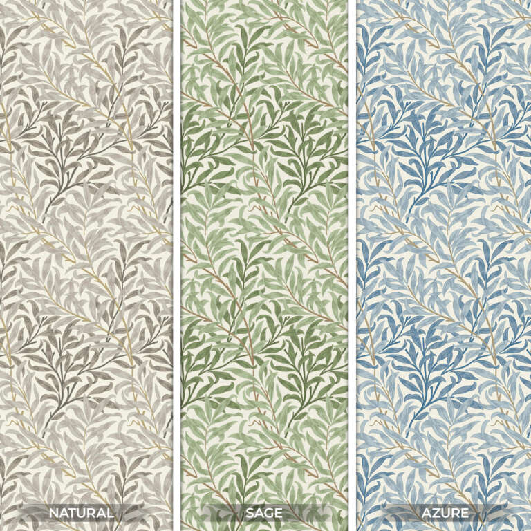 Three vertical panels display botanical wallpaper patterns. From left to right: "Natural" has a gray and beige leaf design, "Sage" features green and beige leaves, and "Azure" shows blue and white leafy patterns. Each panel has a white border reminiscent of William Morris | Snakeshead | Tapestry Fabric design.