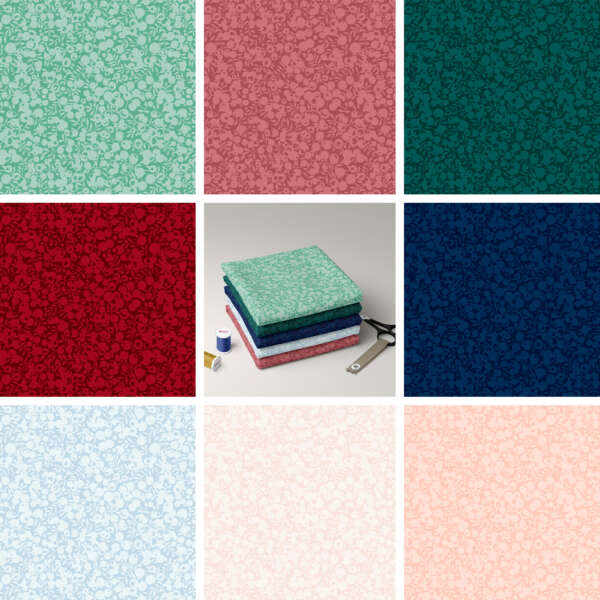 A grid of nine fabric swatches with intricate floral patterns in various colors: red, pink, green, dark green, light blue, blue, light pink, and white. The center image shows a stack of folded fabrics with small sewing tools nearby.