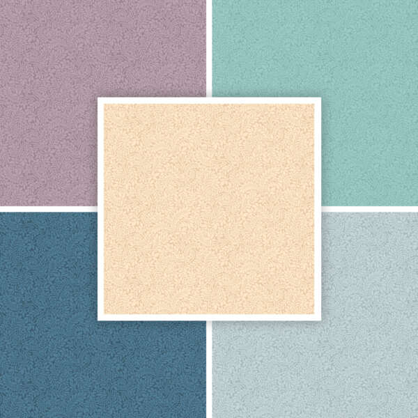 A collage with five colored squares (purple, green, beige, blue, and gray) arranged around a central beige square. Each square has a subtle, leafy pattern.