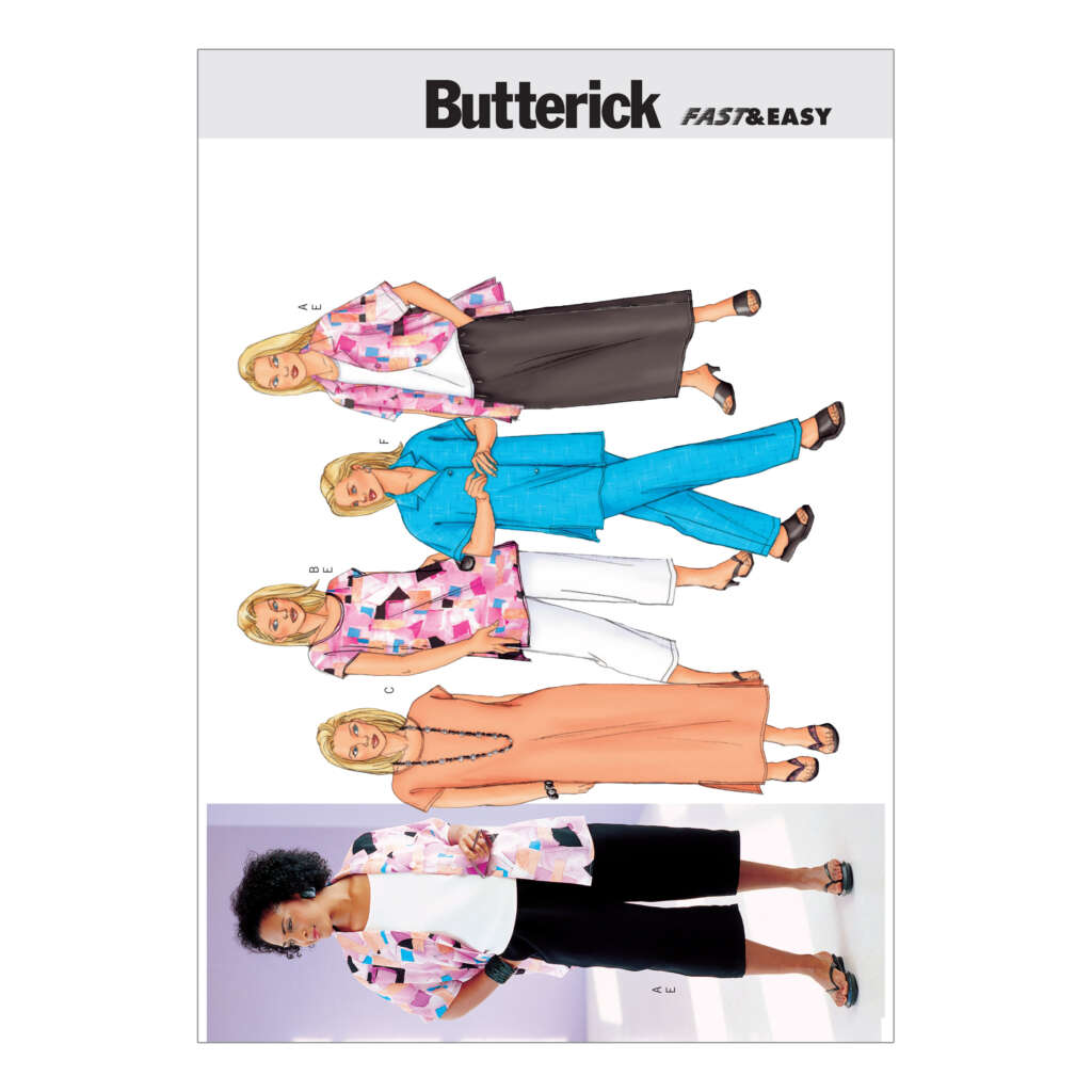 Illustration of a Butterick sewing pattern package titled "FAST & EASY". The pattern features five variations of women's loose-fitting outfits, including a jacket, top, pants, and dress. The model at the bottom is wearing a patterned jacket and black culottes.