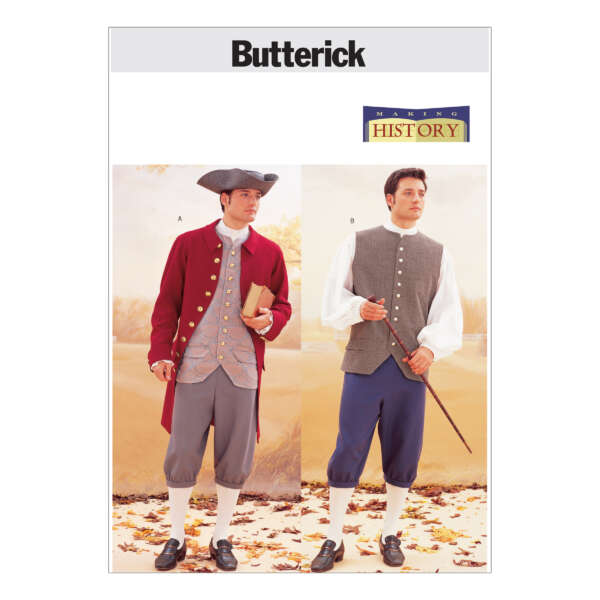 The image shows a Butterick pattern cover for "Making History" featuring two men in colonial-era attire. Man A wears a red coat over a vest with breeches and tricorne hat, holding a book. Man B wears a gray vest over a white shirt with breeches, holding a walking stick.