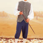 A man dressed in historical attire holds a walking cane. He wears a gray buttoned vest over a white puffed-sleeve shirt, navy knee-length pants, white stockings, and black shoes. He stands on a ground scattered with autumn leaves, with a soft-focus background.