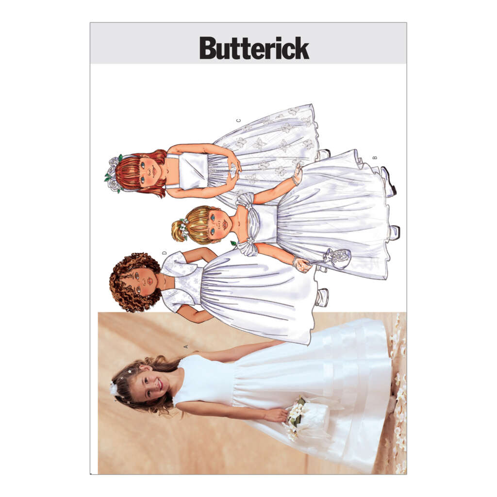 Illustrations of three young girls on a Butterick pattern cover, each wearing a white formal dress. One holds a flower basket, another holds a cushion, and the third holds flowers. Below, a photograph shows a girl in a similar white dress holding a bouquet.