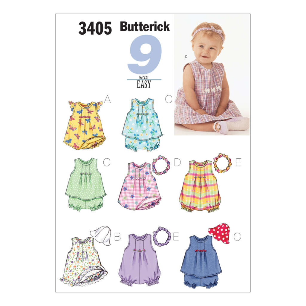 Illustration of Butterick sewing pattern 3405 for infants. It includes various views of a baby dress with bloomers and accessories. The baby outfits include different designs, colors, and patterns. The top right shows a smiling baby wearing one of the dresses.