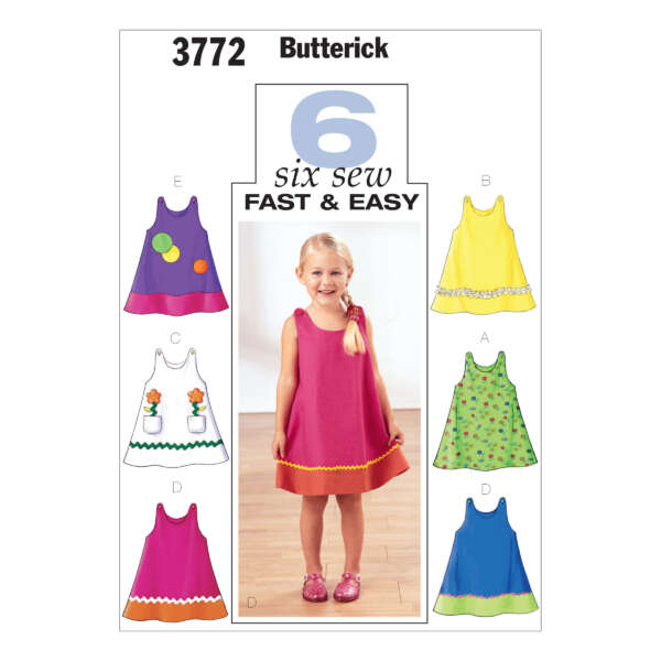 A sewing pattern cover titled "Butterick 3772" features a young girl in a pink dress with orange trim. The pattern shows six different dress designs, each with unique colors and embellishments. The text "six sew fast & easy" is prominently displayed at the top.