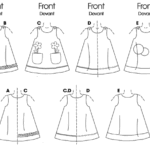Diagram of five sleeveless dress patterns labeled A to E. The front view shows variations in decorations: A has lace at the hem, B has a plain hem, C has flower appliqués with pocket accents, D has a scalloped hem, and E has three circular appliqués. The back view shows basic outlines.