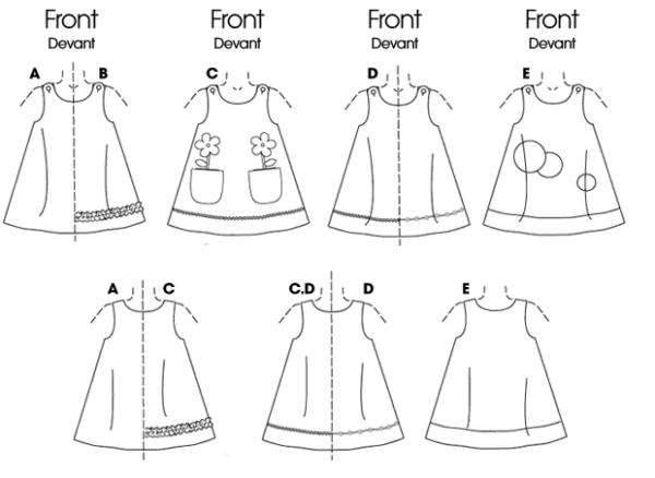 Diagram of five sleeveless dress patterns labeled A to E. The front view shows variations in decorations: A has lace at the hem, B has a plain hem, C has flower appliqués with pocket accents, D has a scalloped hem, and E has three circular appliqués. The back view shows basic outlines.