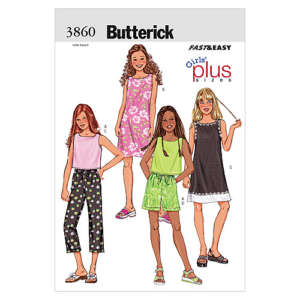 Butterick sewing pattern 3860 for girls' plus sizes, labeled "Fast & Easy." The cover shows four illustrated girls modeling different outfits, including dresses, a top with pants, and a top with shorts, each in various patterns and colors.