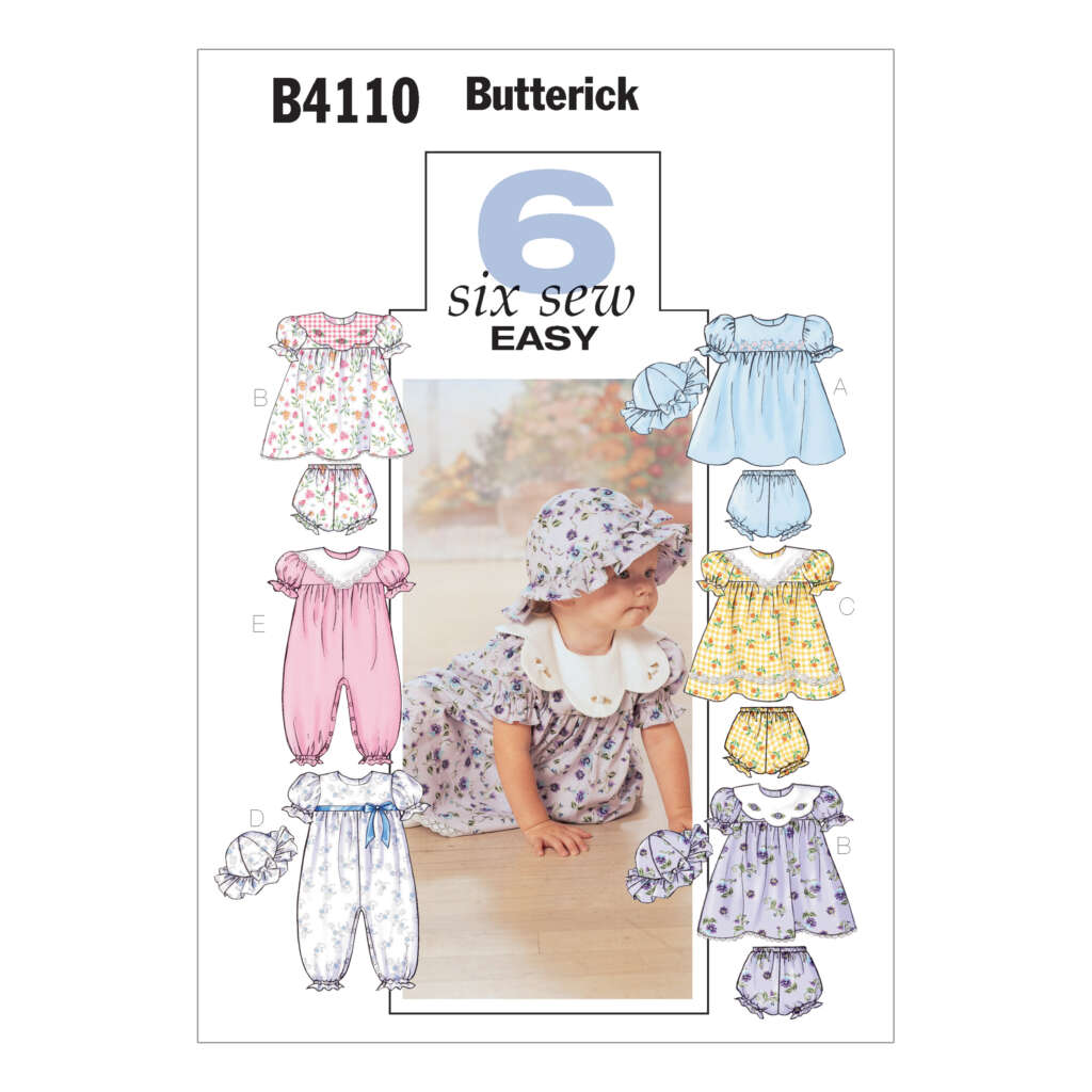 Pattern envelope for Butterick B4110 "Six Sew Easy" infant clothing. Includes designs for a dress, romper, bonnet, and pants with different fabric patterns. Featured in the center is a baby modeling a floral dress and matching bonnet.