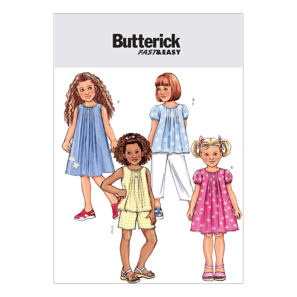 An illustration from a Butterick Fast & Easy pattern cover shows four young girls modeling different light summer outfits. There are various styles including dresses, a blouse with pants, and a shorts set, showcasing a range of fabric patterns and colors.