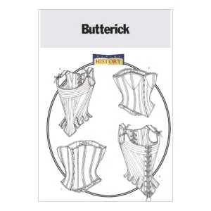 An illustration from a Butterick sewing pattern, labeled "History," featuring four different styles of historical corsets. Each corset design, labeled A, B, C, and D, showcases varying lacing, boning, and decorative details.