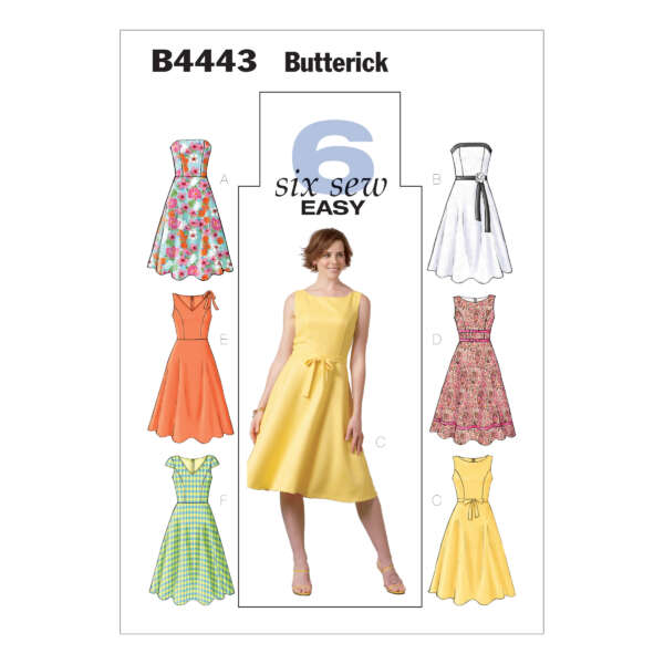 Butterick pattern B4443 includes six dress styles featuring sleeveless designs, V-necks, and tie waists. The styles vary in fabric patterns, such as floral, gingham, and solid colors. The cover showcases a model in a yellow dress with the text "six sew easy.
