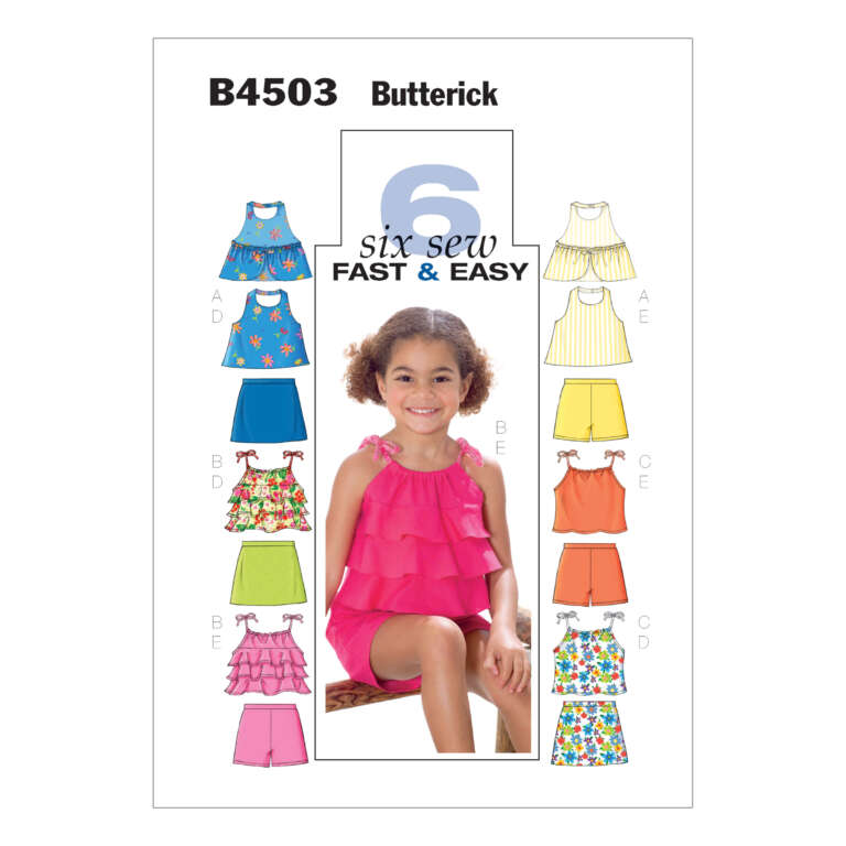 Pattern cover for Butterick B4503 featuring a young girl in a pink ruffled top and shorts. The cover showcases six different styles of tops and shorts for girls, in various fabric patterns and colors. The text reads "Six Sew 6 Fast & Easy.