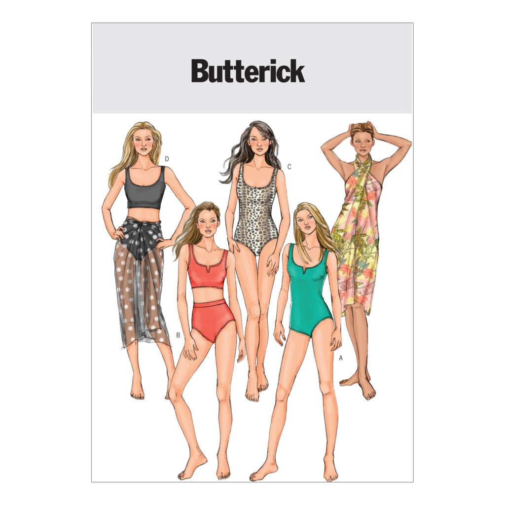 Illustration of five women modeling different swimwear designs from Butterick. The designs include swimsuits and cover-ups in various styles and patterns, including solid colors and prints. The background is plain, emphasizing the swimwear details.