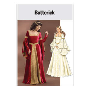 A Butterick sewing pattern envelope shows a woman modeling a medieval-inspired gown in red and gold velvet with flared sleeves and a square neckline. Next to her is an illustration of a similar gown in white with gold accents.