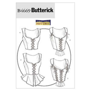 Butterick pattern B4669 for Renaissance-style bodices. The cover depicts three variations of a historical bodice: A with a peplum, B with side lacing and a peplum, C with a straight waist, and D with side lacing and a straight waist.