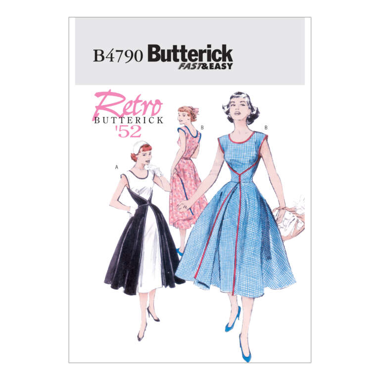 A retro sewing pattern for Butterick dress B4790, featuring three stylized illustrations of women. One wears a black and white dress, and two in blue dresses with a pattern. The label reads "Butterick Fast & Easy" and "Retro Butterick '52.