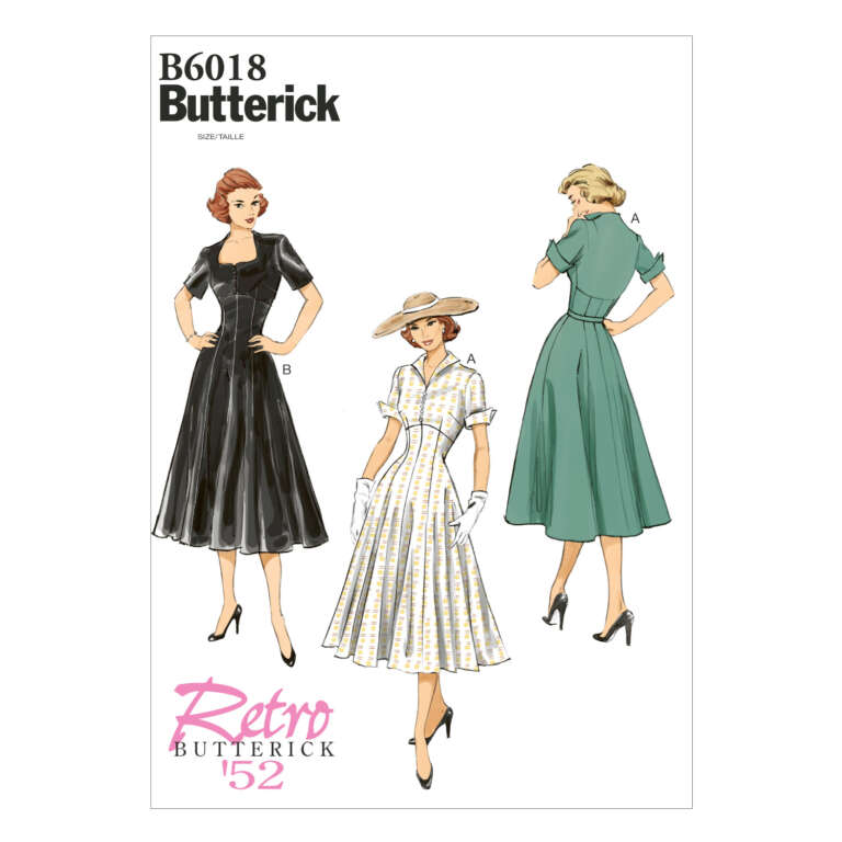 Pattern cover for Butterick B6018, titled "Retro Butterick 52." The cover shows three women modeling vintage-style dresses from the 1950s, labeled A, B, and C. Dress A is green, B is black, and C is a white checkered pattern with a wide-brimmed hat.