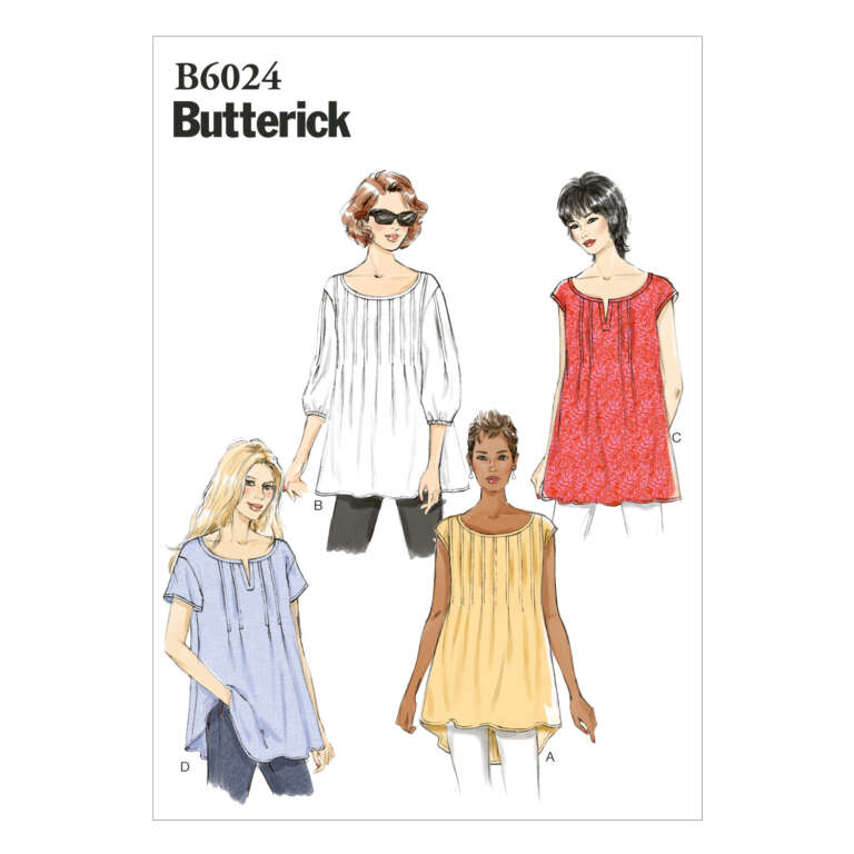 An image of a Butterick B6024 sewing pattern envelope featuring four different designs of women's loose-fitting, pleated tops with curved hemlines. Each design is displayed in a different color and style.