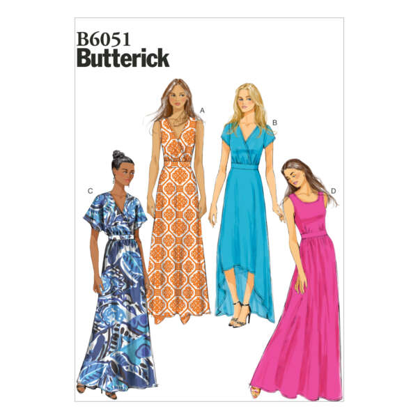 Illustration of four women modeling different dress patterns from Butterick B6051. The outfits include a sleeveless orange and white patterned dress (A), a sleeveless blue high-low dress (B), a blue and purple patterned maxi dress with flutter sleeves (C), and a sleeveless pink maxi dress (D).