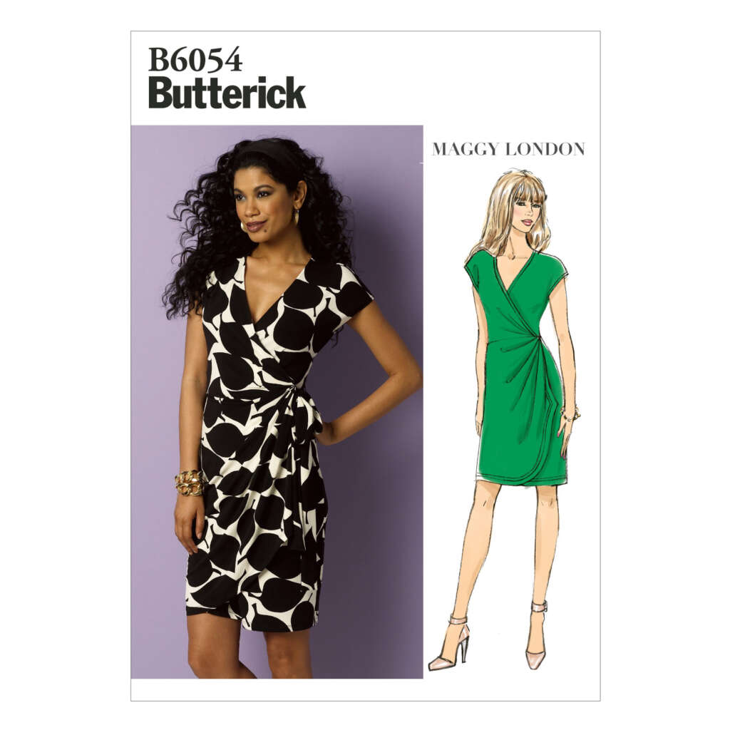 Pattern cover for Butterick B6054 by Maggy London, featuring designs for a woman's dress. The cover shows a model wearing a black and white wrap dress with short sleeves, and an illustration of a green dress with a similar design.