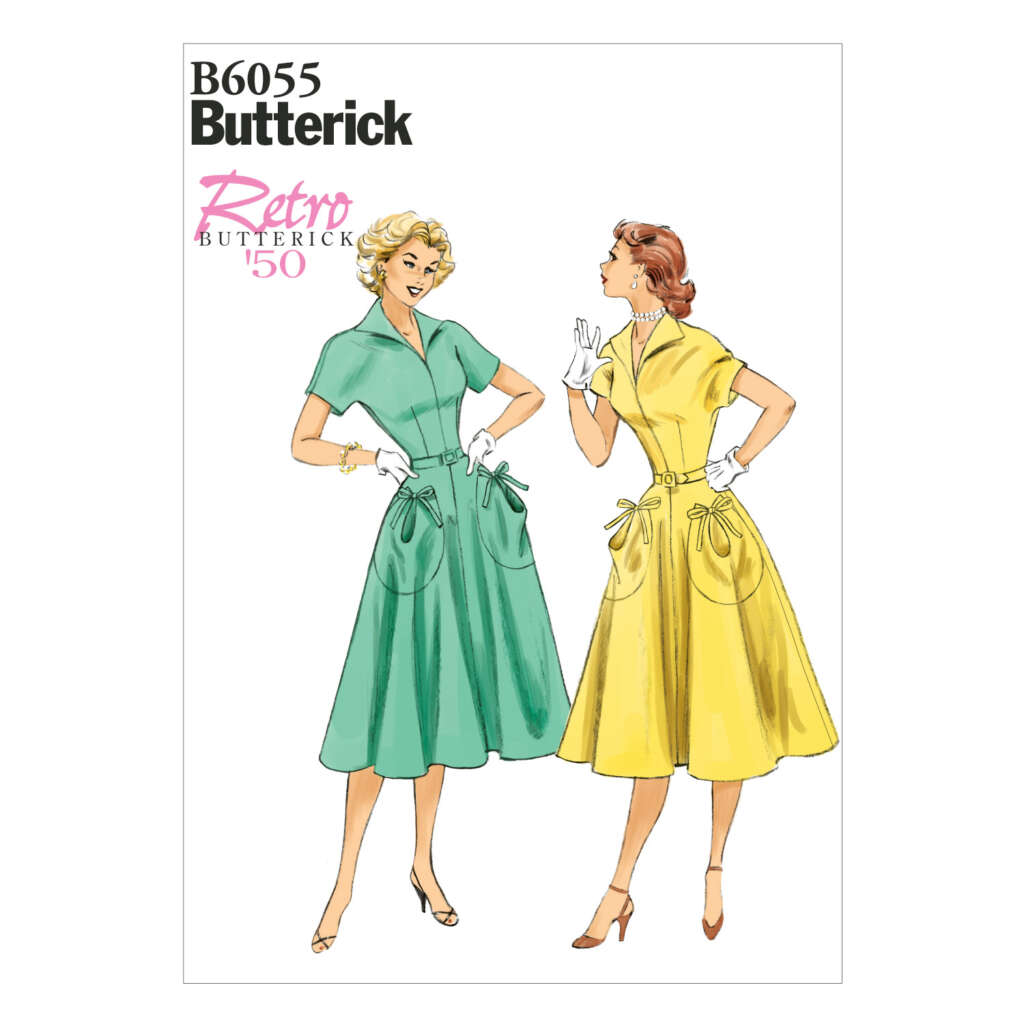 Illustration of a Butterick sewing pattern cover (B6055), featuring two women in '50s-style dresses. One wears a green dress with a belted waist and the other wears a yellow dress with a similar design. Both are wearing gloves and heels, conversing amiably.