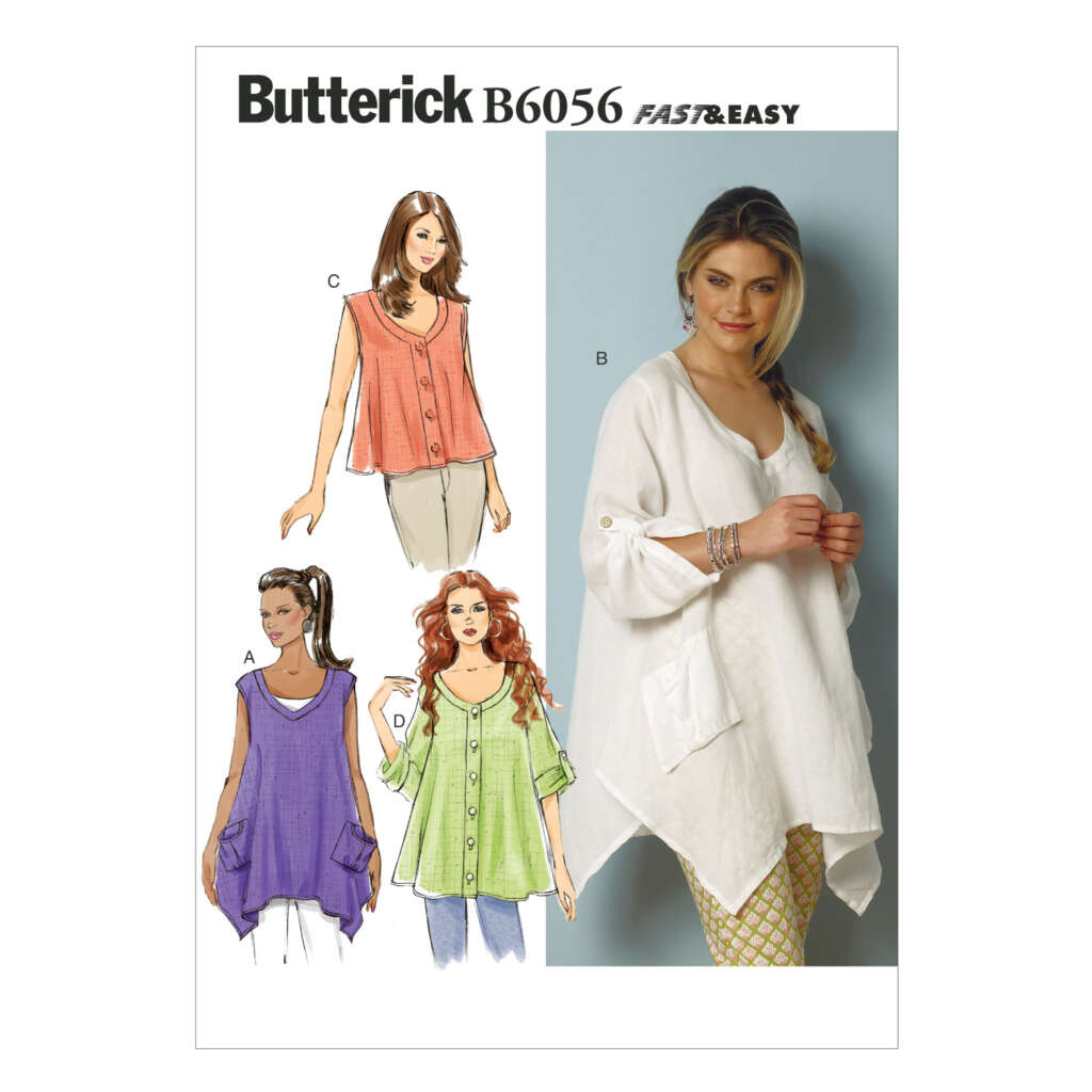 A Butterick sewing pattern (B6056) cover showcasing a woman wearing a white tunic (option B). It includes illustrations of four tunic styles (options A, B, C, D) with varying features such as pockets, sleeve lengths, and button details, labeled "Fast & Easy.