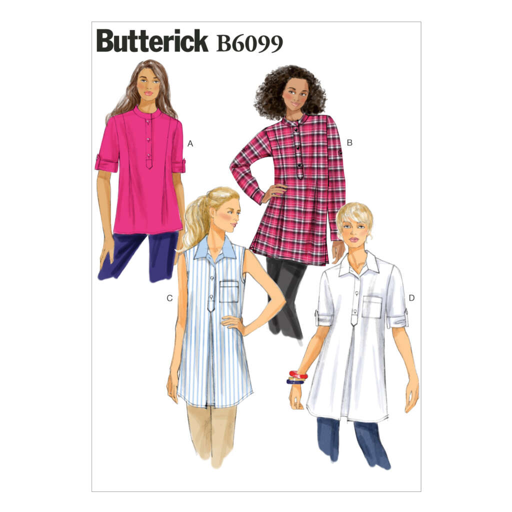 Illustration of women modeling four different styles of long tops from Butterick pattern B6099. View A features a pink top with a stand-up collar, View B a long-sleeve plaid tunic, View C a sleeveless striped tunic, and View D a white tunic with roll-tab sleeves.