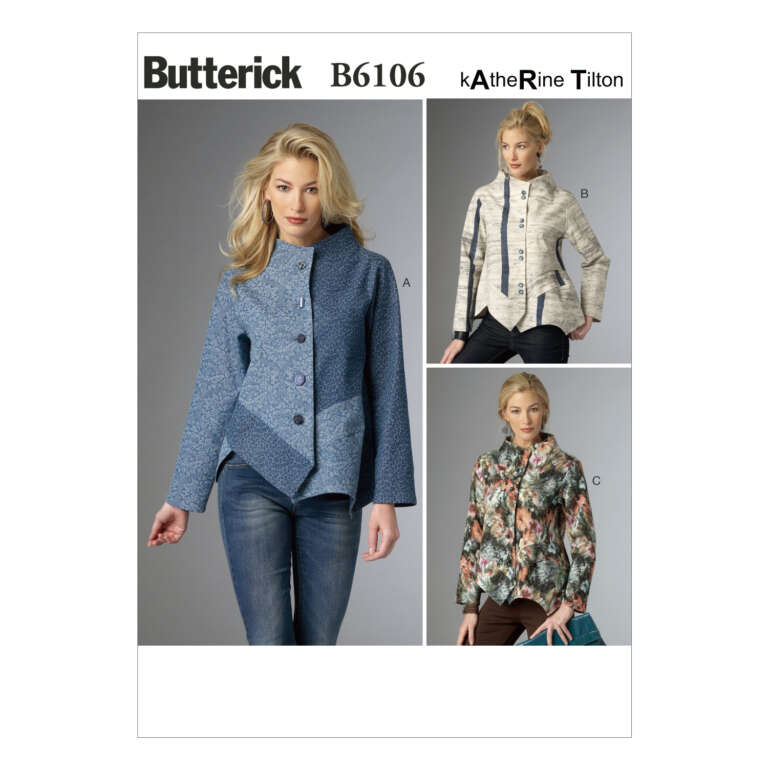 Butterick B6106 sewing pattern by Katherine Tilton showcases three women's jackets. Jacket A is blue with an asymmetrical design, jacket B is grey with a textured pattern, and jacket C is floral with a relaxed fit. All models are wearing their respective jackets.