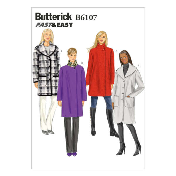 Pattern cover for Butterick B6107 featuring four women modeling different coat styles. Styles include a black and white checkered coat (A), a purple coat (C), a red coat (D), and a white coat with buttons (B). Text reads "Butterick Fast & Easy".