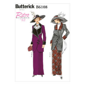 Butterick sewing pattern B6108, "Retro Butterick '12," featuring two women in Edwardian-inspired outfits. One wears a purple suit with black trim and a large hat; the other wears a gray jacket with plaid skirt and matching hat.