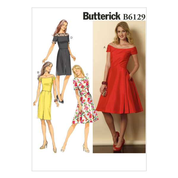 Butterick B6129 sewing pattern featuring a woman in a red off-the-shoulder dress on the right. The left side shows illustrations of the same dress in different views: black with lace, yellow with short sleeves, and floral with elbow-length sleeves.