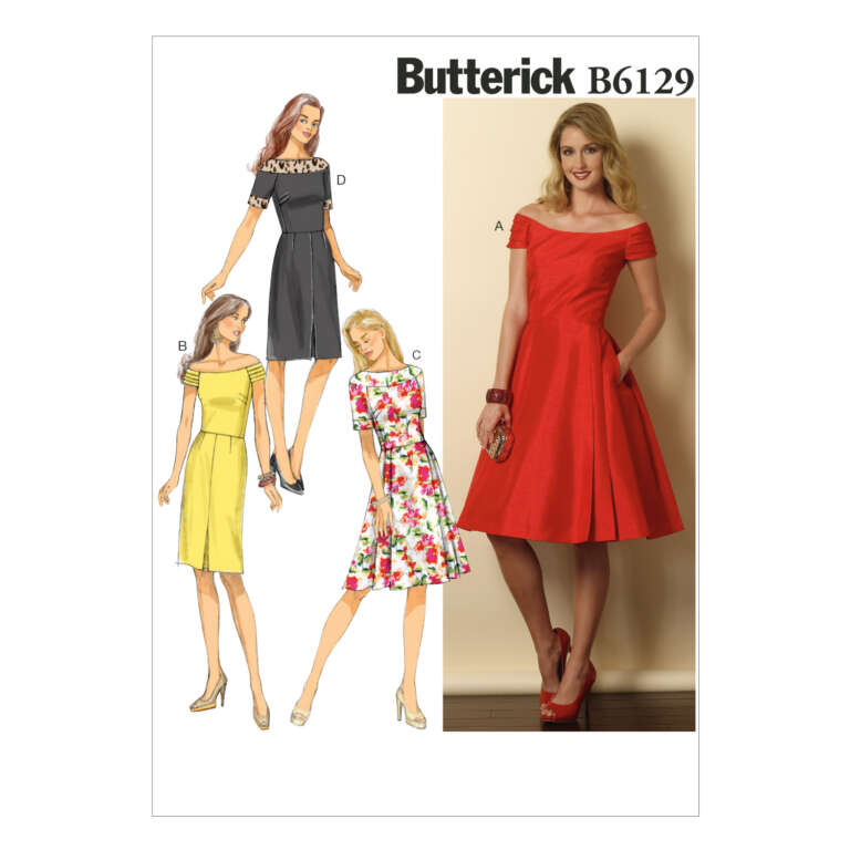 Butterick B6129 sewing pattern featuring a woman in a red off-the-shoulder dress on the right. The left side shows illustrations of the same dress in different views: black with lace, yellow with short sleeves, and floral with elbow-length sleeves.