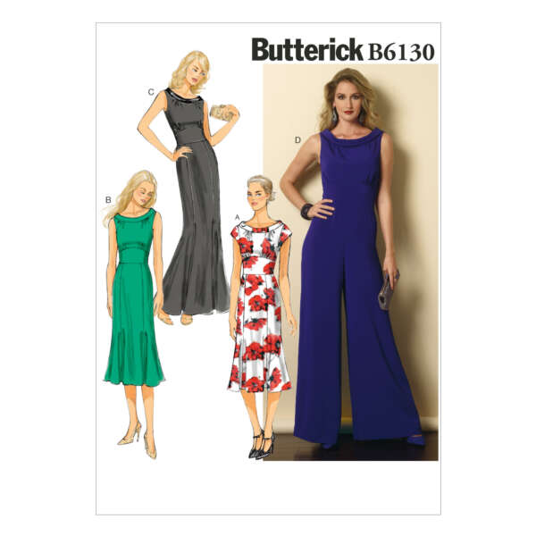 Butterick B6130 pattern cover featuring four different women's dress designs. A woman in a blue jumpsuit is in the foreground, and additional sketches show variations in dress styles and lengths in green, black, and floral patterns.
