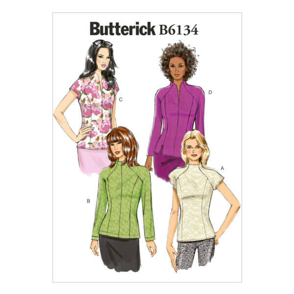 Illustration of four women modeling different variations of a close-fitting jacket with a Mandarin collar. Each wears a different fabric pattern and sleeve length. The jackets are labeled A, B, C, and D. The label at the top reads "Butterick B6134.