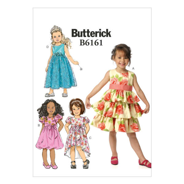 A sewing pattern cover featuring dresses for young girls. There are four different dress designs labeled A, B, C, and D. Dress A is a sleeveless floral dress with layers; B, C, and D are various styles with ruffles, cap sleeves, or sleeveless. "Butterick B6161.