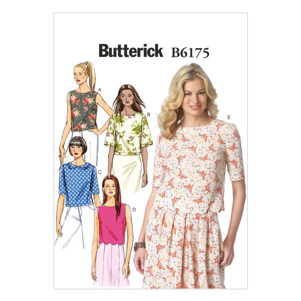 Cover of Butterick pattern B6175 depicting five fashion illustrations of women wearing different styles of tops, along with a photograph of a woman modeling a floral top and skirt set. The styles range from sleeveless to various sleeve lengths, with diverse prints.