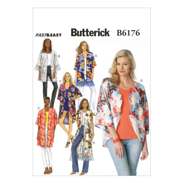 A sewing pattern cover for Butterick B6176 titled "Fast & Easy." The cover features illustrations of five women wearing different styles of kimono jackets labeled A through E, showcasing various fabrics and patterns. A model is shown wearing style E on the right.