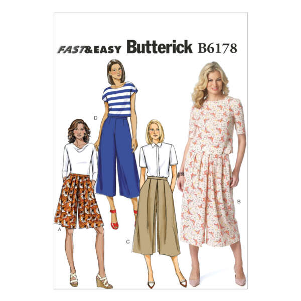 A Butterick sewing pattern cover labeled B6178, showing four women's outfits. Outfits include various styles of skirts and a jumpsuit. The cover has illustrations of three women and one photograph of a woman wearing a floral dress.