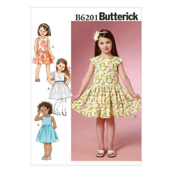 Butterick B6201 sewing pattern cover. Shows four views of a girl's dress pattern, labeled A to D. Girl in floral dress poses in the center. Illustrations display different dress styles with sleeveless, cap sleeves, and various skirt lengths.