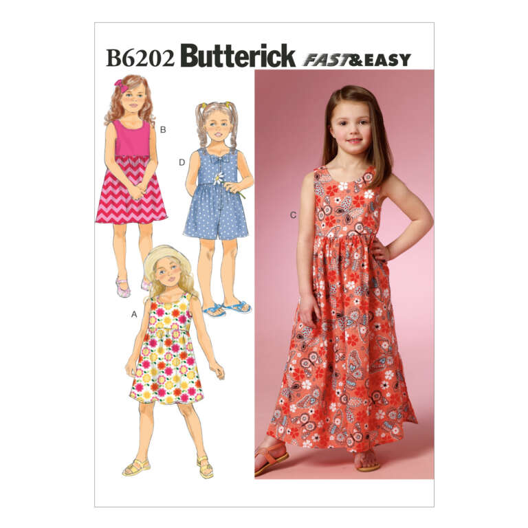 Butterick pattern B6202 cover showing a girl wearing a long, floral maxi dress. Illustration includes three additional dress designs: sleeveless with pink and white zigzag pattern (B), sleeveless with blue polka dots (D), and sleeveless with colorful flower pattern (A).