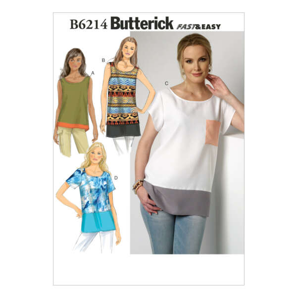 Butterick sewing pattern B6214 for women's tops. The pattern includes four variations: a solid sleeveless top (A), an Aztec print sleeveless top (B), a multicolor short sleeve top (C), and a color-block short sleeve top with a pocket (D).