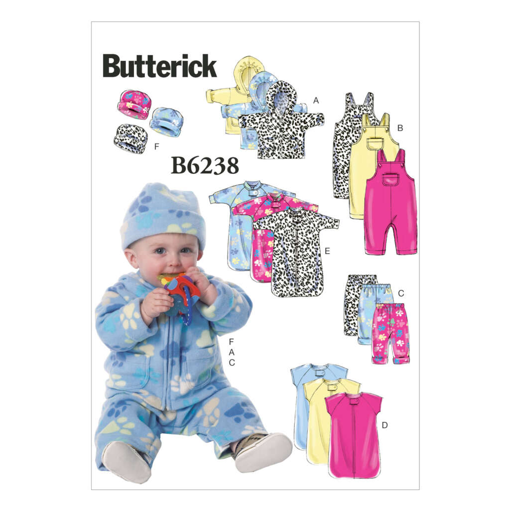 Pattern cover for Butterick B6238, featuring various baby clothing items including hats, jackets, overalls, jumpsuits, and dresses. A baby in blue patterned pajamas holding a toy sits at the bottom left. Garments are displayed in assorted colors and prints.