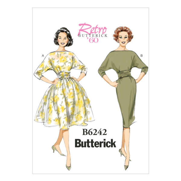 Vintage Butterick sewing pattern B6242 features two women modeling 1960s-style dresses. Dress A has a floral pattern with a full skirt and cinched waist, while Dress B is solid green with a pencil skirt. Both have three-quarter sleeves and a belt at the waist.