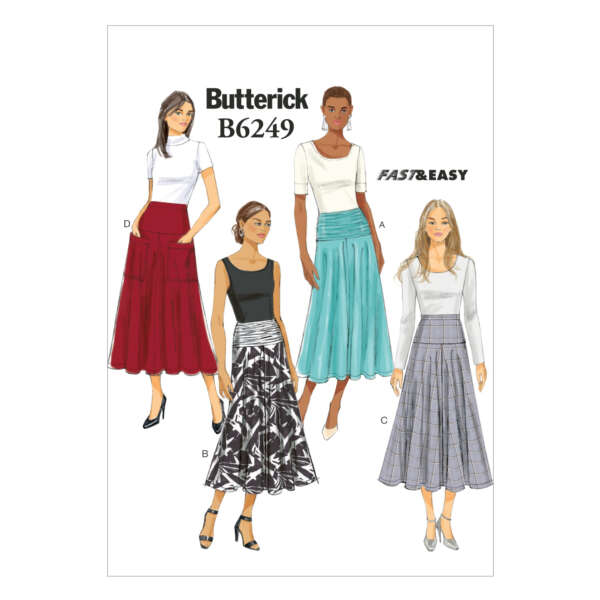 A Butterick sewing pattern cover, numbered B6249, features illustrations of four women wearing different styles of midi skirts. Skirt A is teal, B is black and white with a leaf pattern, C is plaid, and D is red. All women wear white tops, and text says "Fast & Easy.