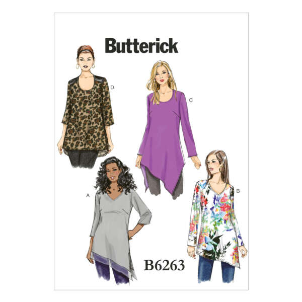 A fashion pattern illustration from Butterick, pattern number B6263. It showcases four women's tunic tops: A in gray with a gradient hem, B in white with a floral print, C in solid purple with an asymmetrical hem, and D in a leopard print.