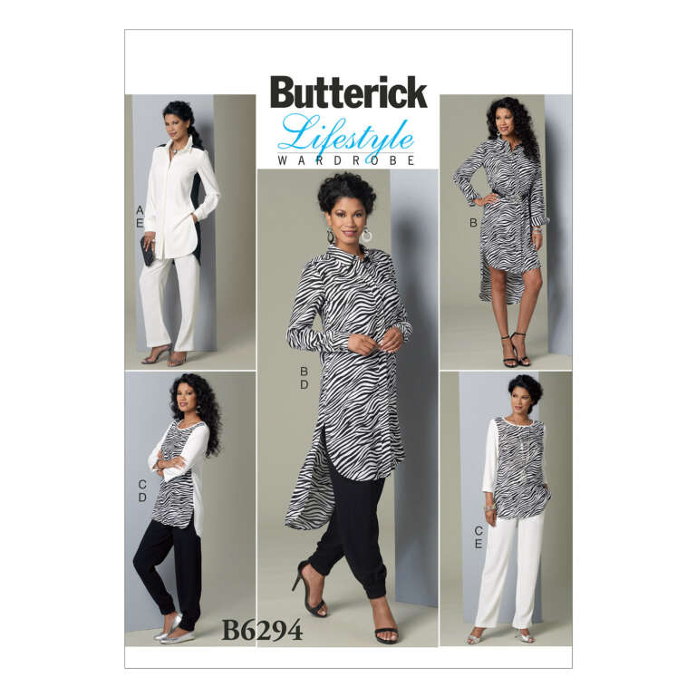 A sewing pattern cover displays five different women's outfits by Butterick Lifestyle Wardrobe. It includes long-sleeve tops, pants, and dresses. Outfits come in solid colors and zebra print. The pattern number B6294 is shown. The model poses in different stylish looks.