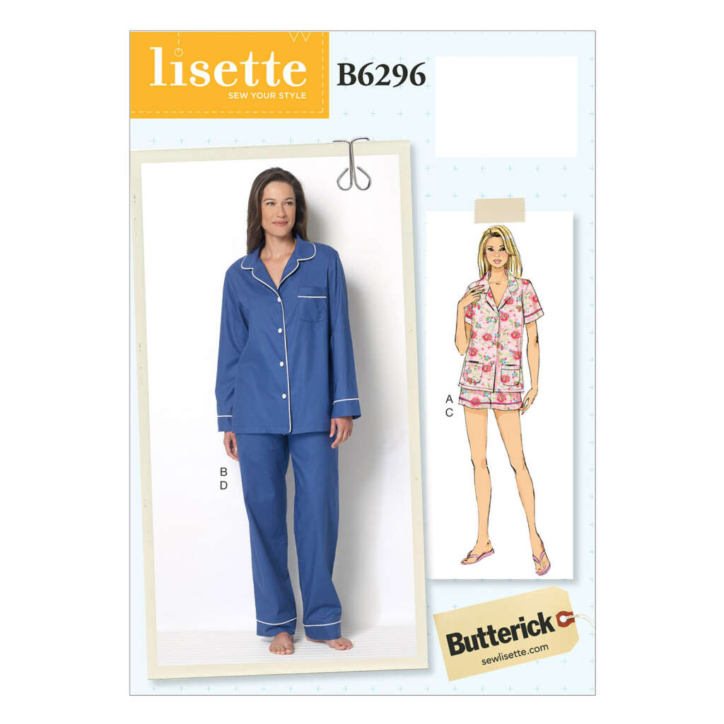 A sewing pattern package featuring Lisette's Butterick B6296 design for women's pajamas. The cover shows a model in blue button-up pajama set with long sleeves and pants on the left, and another model in a short-sleeve top with matching shorts on the right.