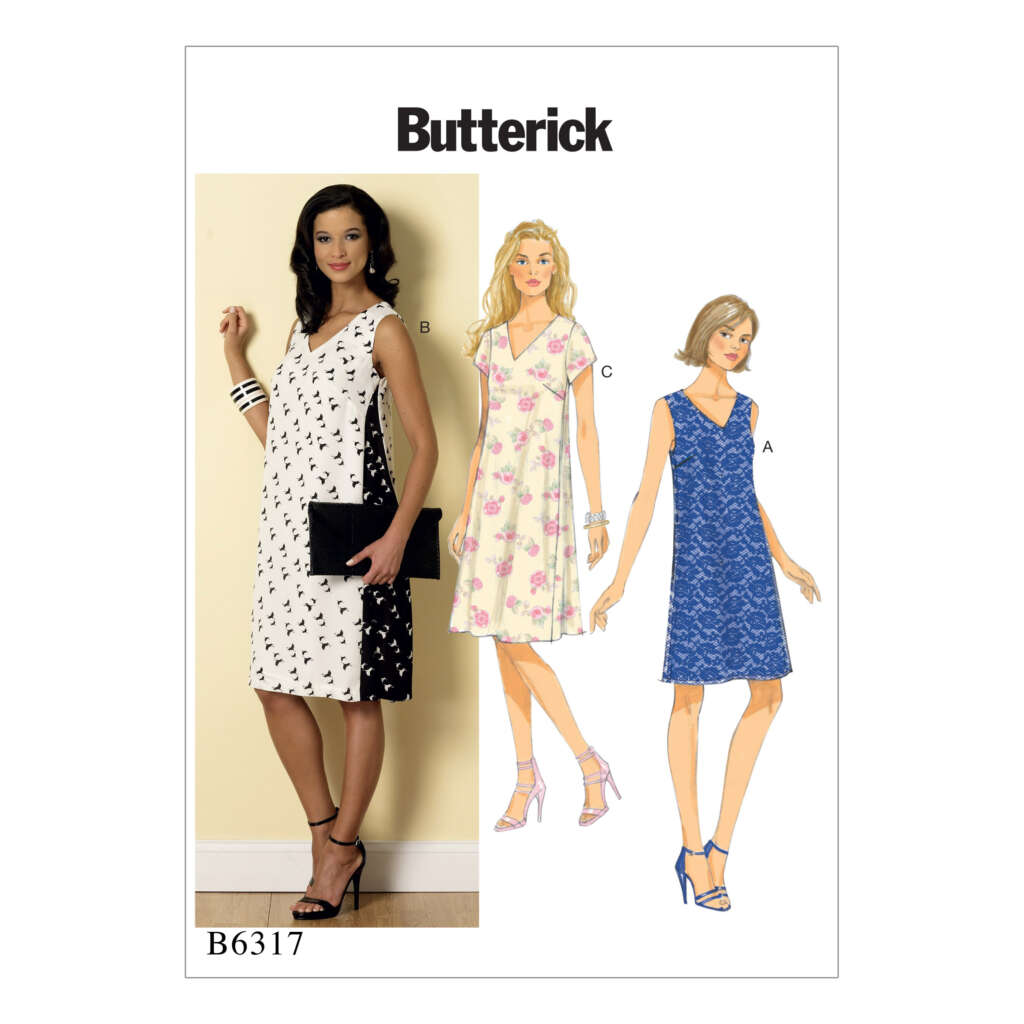 A Butterick sewing pattern cover labeled "B6317" displays a woman modeling a sleeveless, knee-length dress with a contrasting black and white pattern and black clutch. Beside her are illustrations of three other dresses, showcasing different fabric patterns and colors.